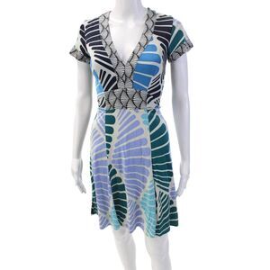 Issa London Womens Textured V-neck Short Sleeve Belted Printed Dress Blue Size S